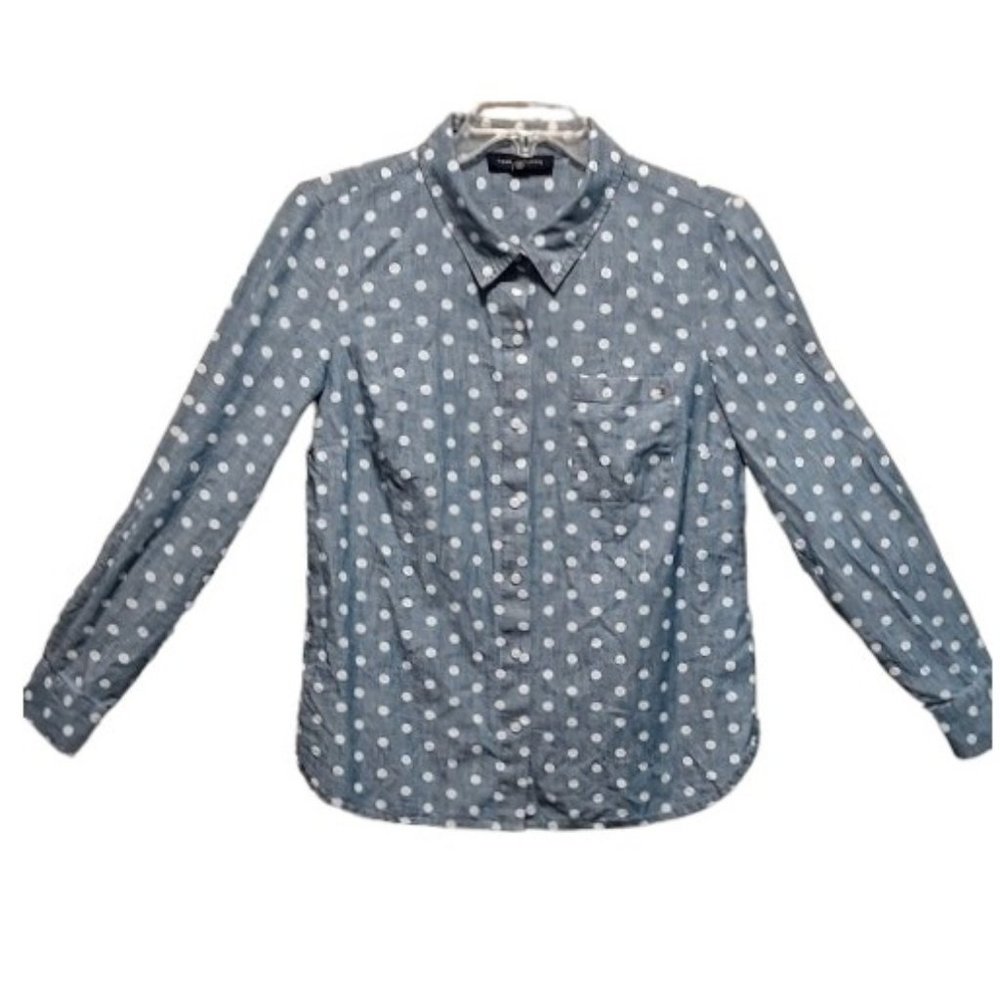 Tommy Hilfiger Polka Dot Blue Light Denim Button Down Cuff Straps Shirt Sz Large